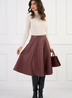 Fusta DY Fashion midi clos din piele ecologica burgundy cu nasturi in talie