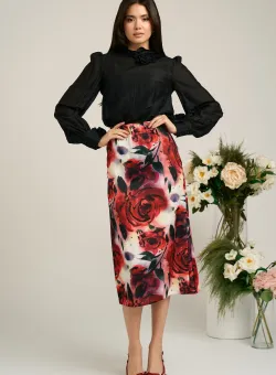 Fusta DY Fashion midi cu trandafiri rosii