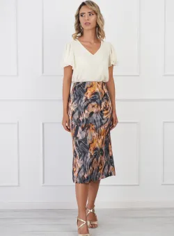 Fusta DY Fashion midi gri cu imprimeu galben