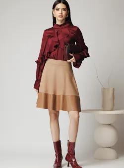 Fusta Dy Fashion office din stofa bej cu insertie din piele ecologica la baza