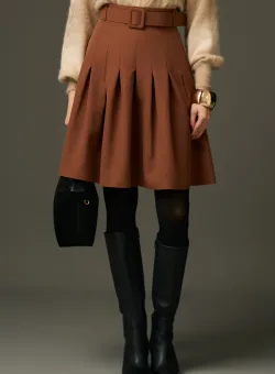 Fusta DY Fashion office din stofa maro cu pliuri si curea in talie