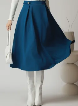 Fusta DY Fashion office din stofa turcoaz cu nasturi pe talie