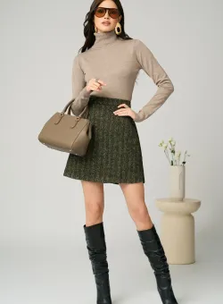 Fusta DY Fashion office scurta din stofa cu verde dungulite bej