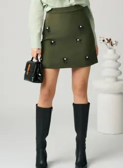Fusta DY Fashion scurta din jerse kaki cu fundite