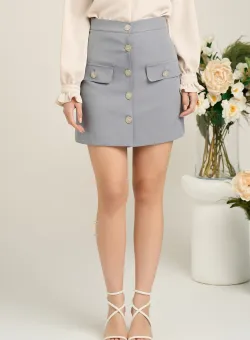 Fusta DY Fashion scurta office din stofa gri cu nasturi