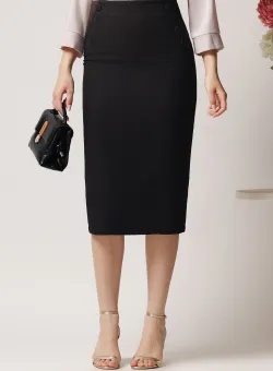 Fusta LaDonna midi office din stofa neagra cu nasturi decorativi