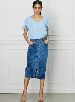 Fusta Mara albastra din denim cu nasturi