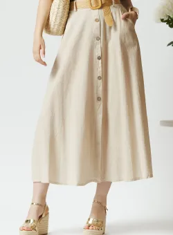 Fusta midi casual din in bej cu nasturi si curea