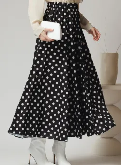 Fusta midi din satin neagra cu buline