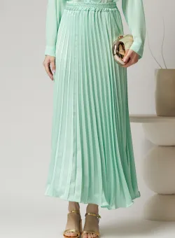 Fusta midi din satin verde mint cu pliuri