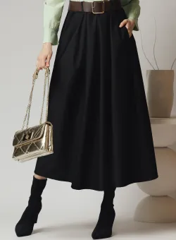 Fusta midi office din stofa neagra cu elastic si curea in talie