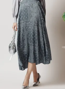 Fusta midi smart-casual din satin gri cu imprimeuri