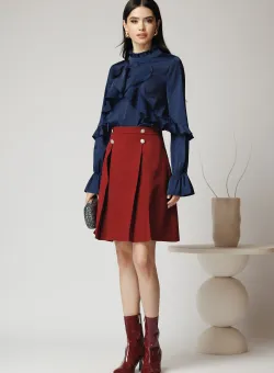 Fusta Moze office din stofa burgundy cu nasturi si pliuri