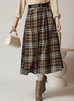 Fusta office din bumbac midi maro cu carouri bej si curea in talie