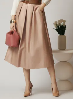Fusta office din piele ecologica bej cu pliuri si curea in talie