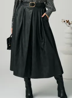 Fusta office din piele ecologica neagra cu pliuri si curea in talie