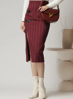 Fusta office din stofa bordo cu dungi argintii si catarame