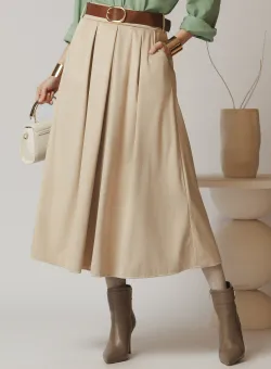 Fusta office din stofa catifelata ivory cu pliuri si curea in talie