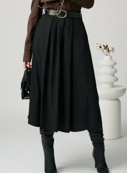 Fusta office midi din bumbac neagra cu buzunare si curea