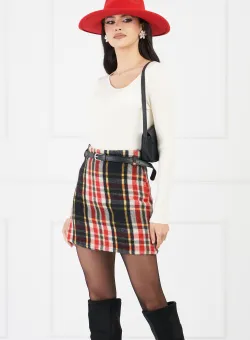 Fusta Simona rosie cu carouri negru-galben si curea in talie