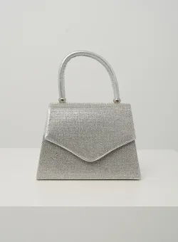 Geanta mica eleganta din strasuri argintie cu maner rotund