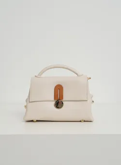 Geanta office din piele ecologica alba cu aplicatie si incidere metalica