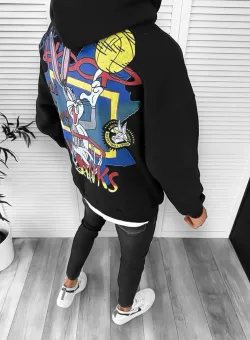 Hanorac barbati negru cu imprimeu pe spate slim fit k139 42-2