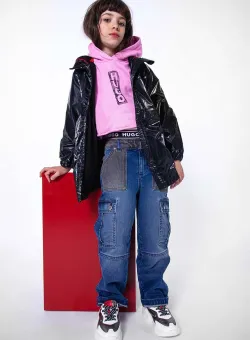 HUGO bluza copii culoarea roz, cu glugă, cu imprimeu