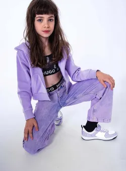HUGO bluza copii culoarea violet, cu glugă, cu imprimeu