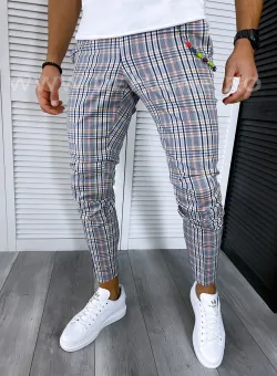 Pantaloni barbati casual regular fir gri in carouri B4960 S2