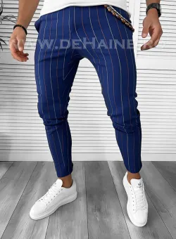 Pantaloni barbati casual regular fit bleumarin in dungi B7871 S3-1