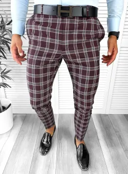 Pantaloni barbati eleganti grena in carouri B1626 F7-5