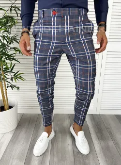 Pantaloni barbati eleganti regular fit bleumarin in carouri B9224 I12-2.3