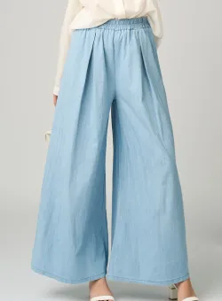 Pantaloni casual din bumbac bleu evazati