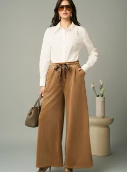 Pantaloni casual din catifea maro cu snur in talie