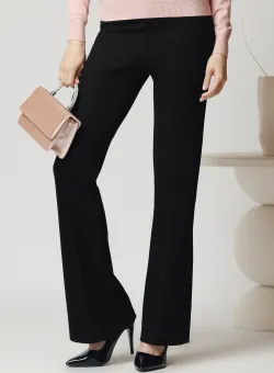 Pantaloni casual din tricot reiat negri cu croi evazat