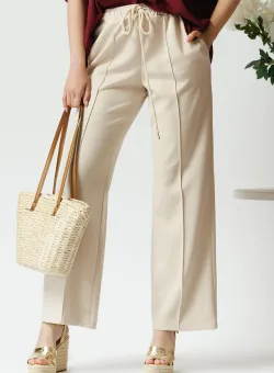 Pantaloni casual din viscoza bej cu elastic si dunga