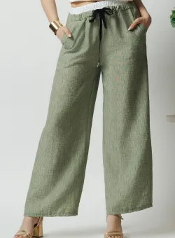 Pantaloni casual vaporosi kaki cu banda alba si elastic in talie