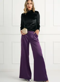 Pantaloni DY Fashion eleganti din satin mov cu croi evazat