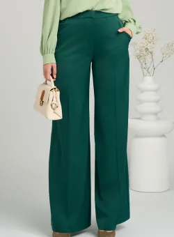Pantaloni DY Fashion eleganti din satin verzi cu croi evazat