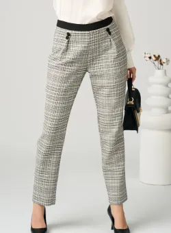 Pantaloni DY Fashion office din stofa albi cu imprimeu pepit negru si nasturi pe talie