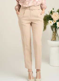 Pantaloni DY Fashion office din stofa bej cu buzunare si curea in talie