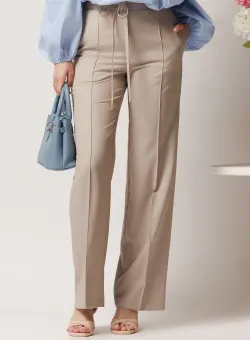 Pantaloni DY Fashion office din stofa bej cu snur in talie