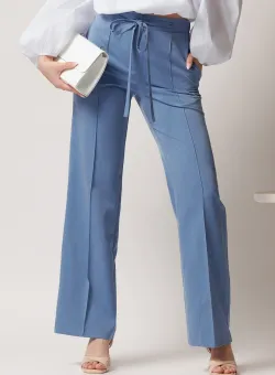Pantaloni DY Fashion office din stofa bleu cu snur in talie