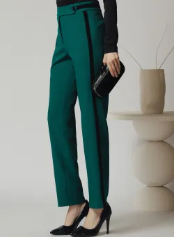 Pantaloni DY Fashion office din stofa verzi cu vipusca din catifea