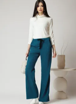 Pantaloni DY Fashion smart-casual din velur turcoaz