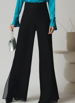 Pantaloni eleganti din voal negri cu dublura si crepeuri