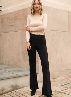 Pantaloni evazati din viscoza negri cu nasturi decorativi