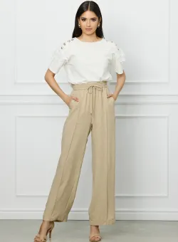 Pantaloni LaDonna bej lejeri cu dunga si buzunare