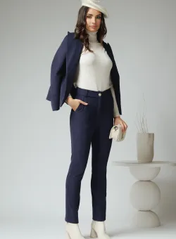 Pantaloni Moze office din velur bleumarin cu dunga